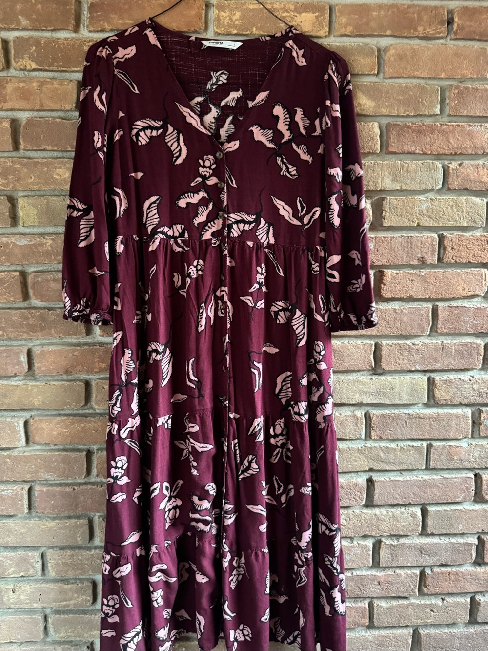 Sonoma Burgundy Floral Long-Sleeve Midi Dress with Pink Print